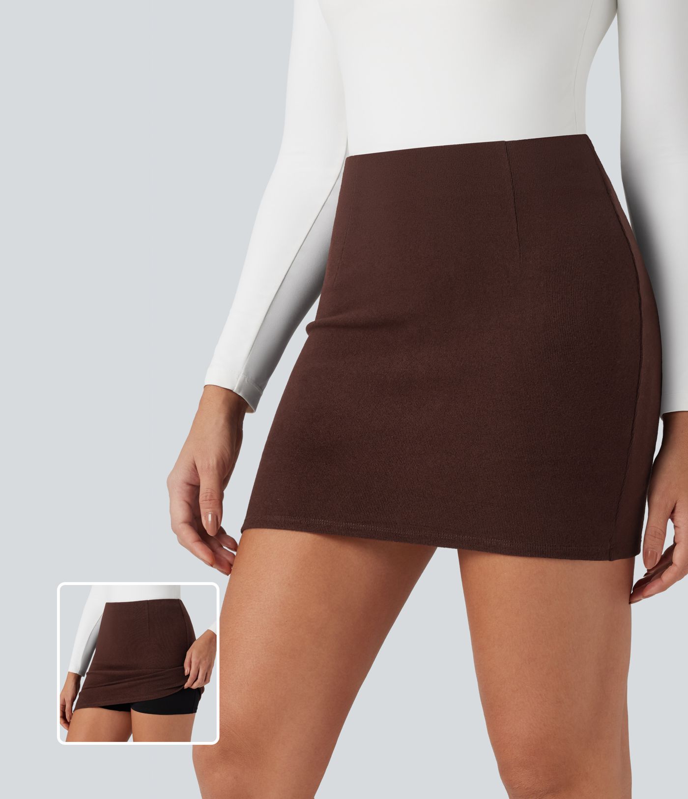 Ribbed Knit High Waisted 2-in-1 Bodycon Mini Casual Skirt