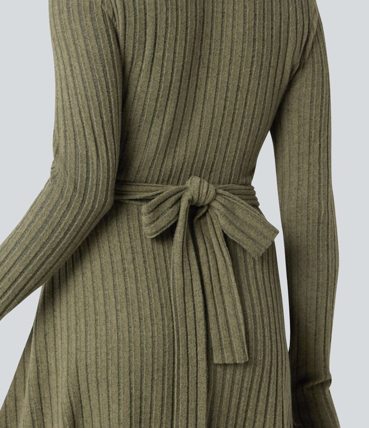 Robe côtelée ceinturée col rond manches longues avec poches