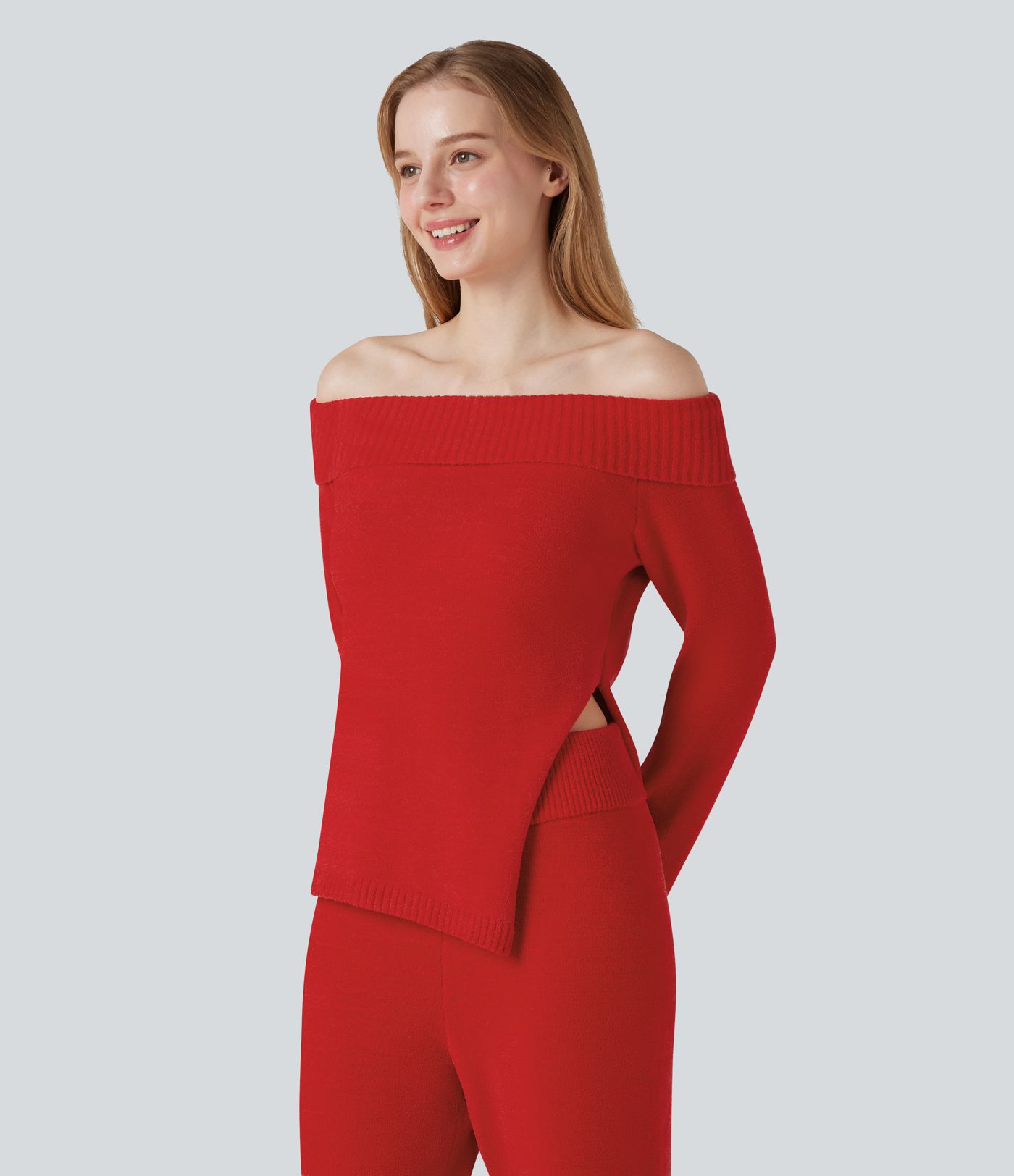 Off-shoulder Long Sleeve Split Hem Lounge Top