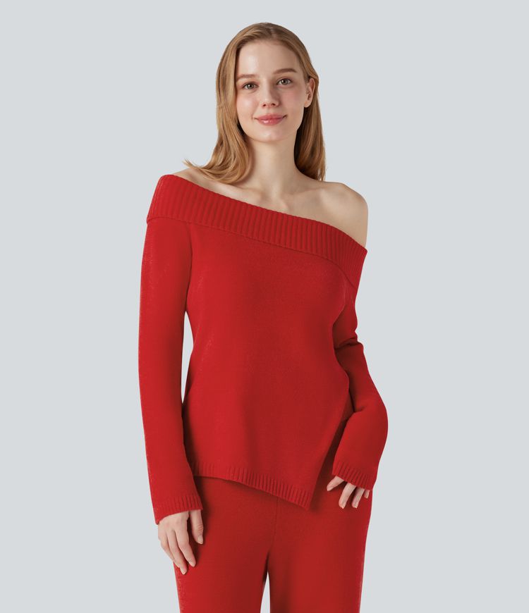 Off-shoulder Long Sleeve Split Hem Lounge Top