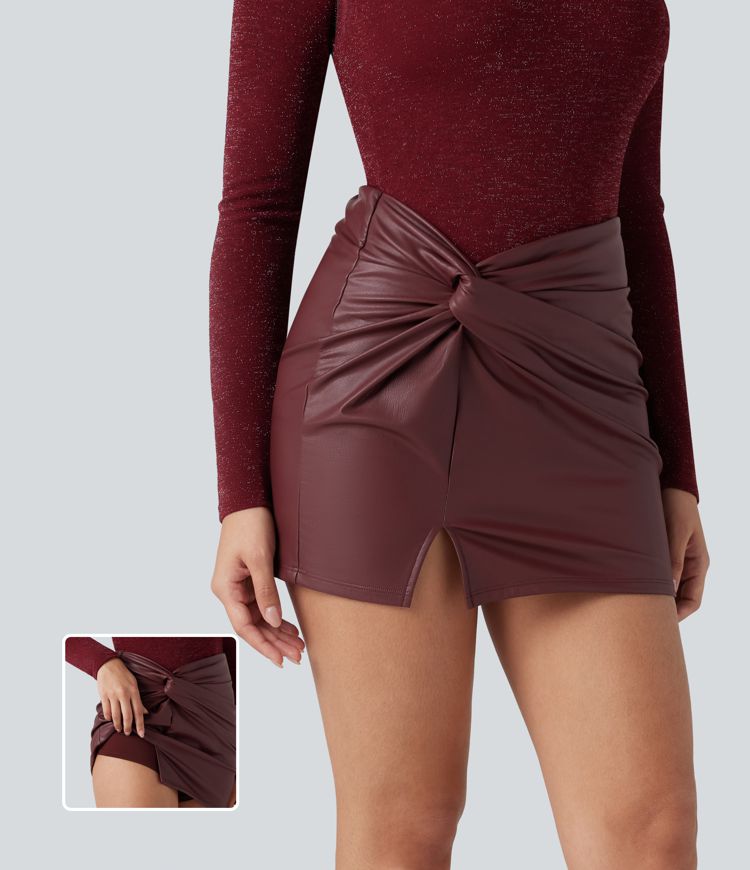 Twisted High Waisted Split 2-in-1 Bodycon Mini Fleece PU Leather Party Skirt