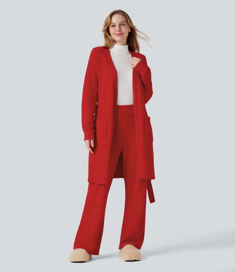Open Front Long Sleeve Belted Longline Sweater Knit Lounge Robe with Pockets
