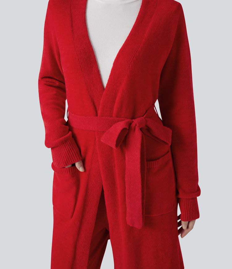 Open Front Long Sleeve Belted Longline Sweater Knit Lounge Robe with Pockets