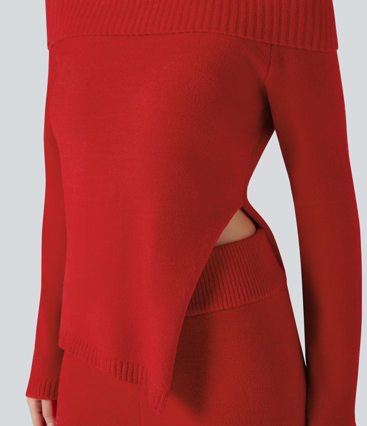 Off-shoulder Long Sleeve Split Hem Lounge Top