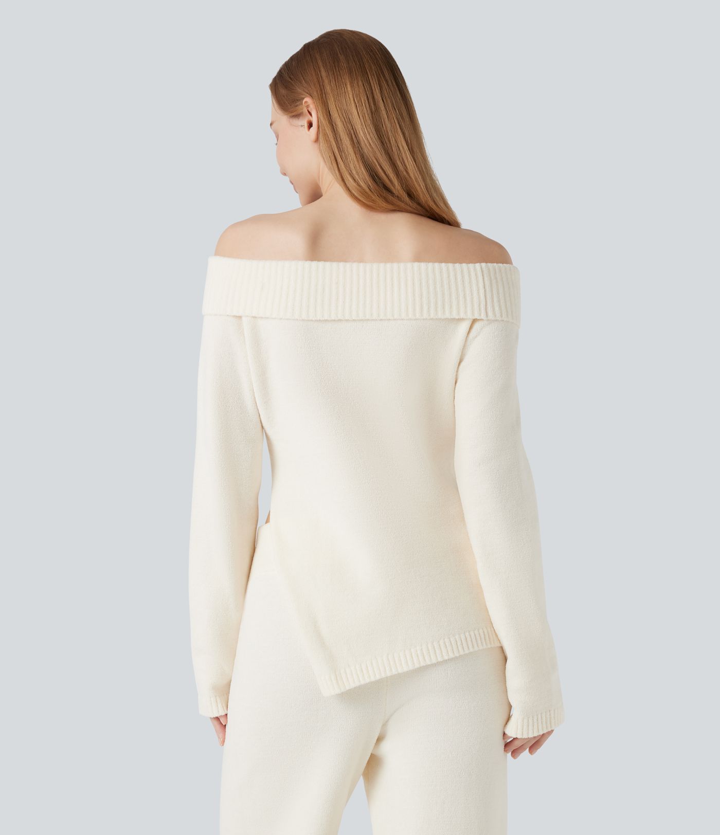 Lounge-Top mit langen Ärmeln, Off-Shoulder-Design und geschlitztem Saum