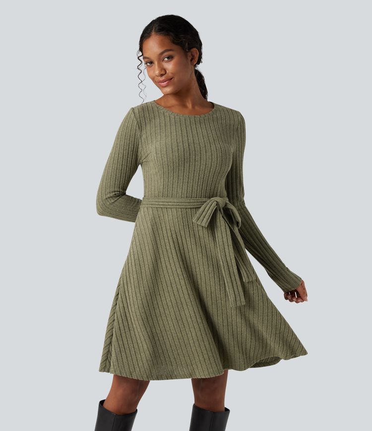 Ribbed Knit Round Neck Long Sleeve Belted Casual Dress with Pockets
