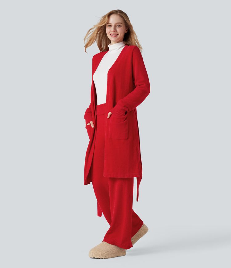 Open Front Long Sleeve Belted Longline Sweater Knit Lounge Robe with Pockets