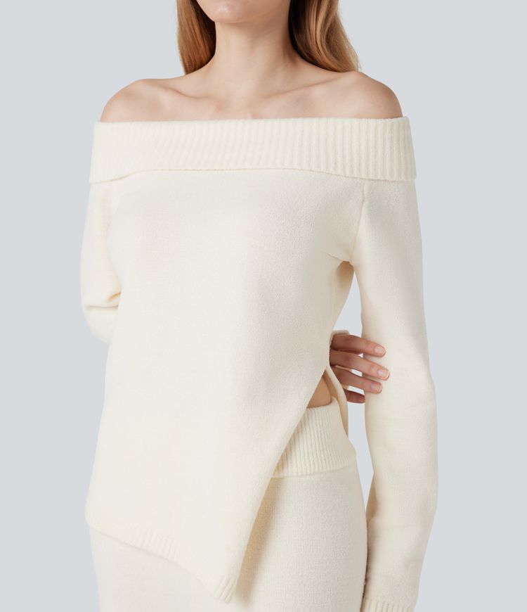 Lounge-Top mit langen Ärmeln, Off-Shoulder-Design und geschlitztem Saum