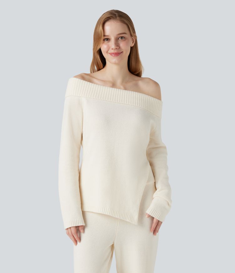 Lounge-Top mit langen Ärmeln, Off-Shoulder-Design und geschlitztem Saum