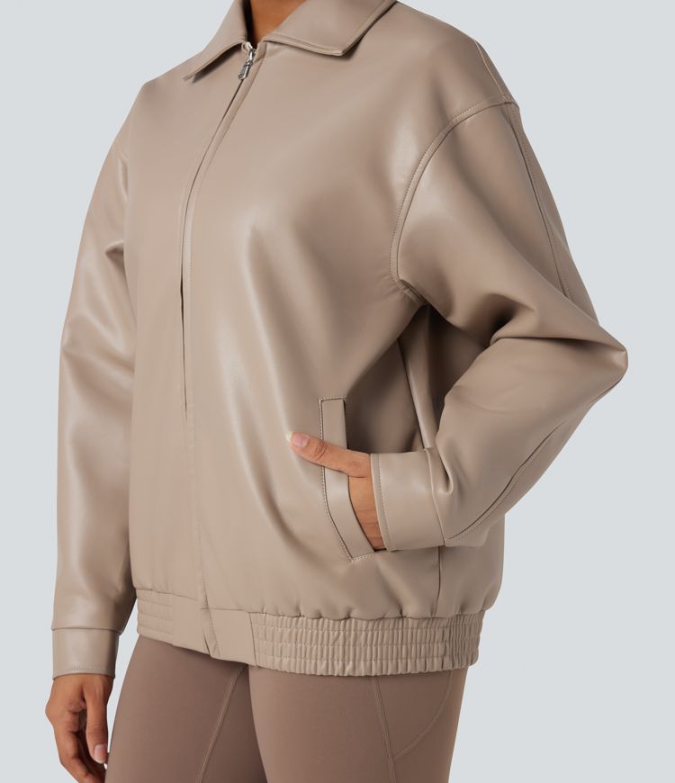 Collar Long Sleeve Relaxed Casual Faux Leather PU Jacket with Pockets