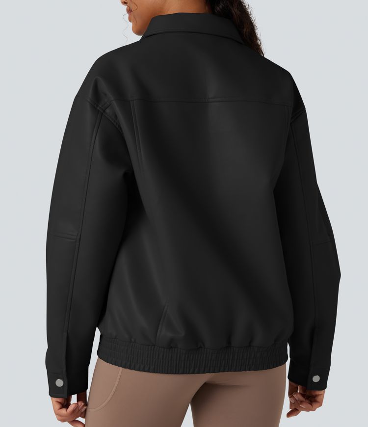 Veste tissu enduit col manches longues coupe décontractée avec poches