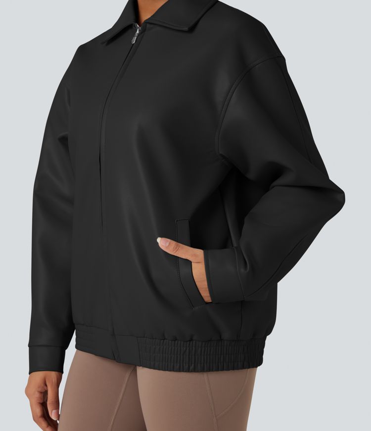 Veste tissu enduit col manches longues coupe décontractée avec poches