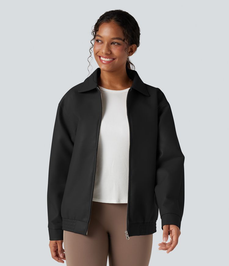 Veste tissu enduit col manches longues coupe décontractée avec poches