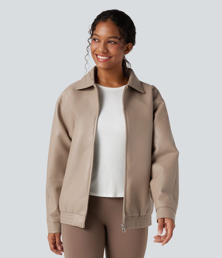 Collar Long Sleeve Relaxed Casual Faux Leather PU Jacket with Pockets