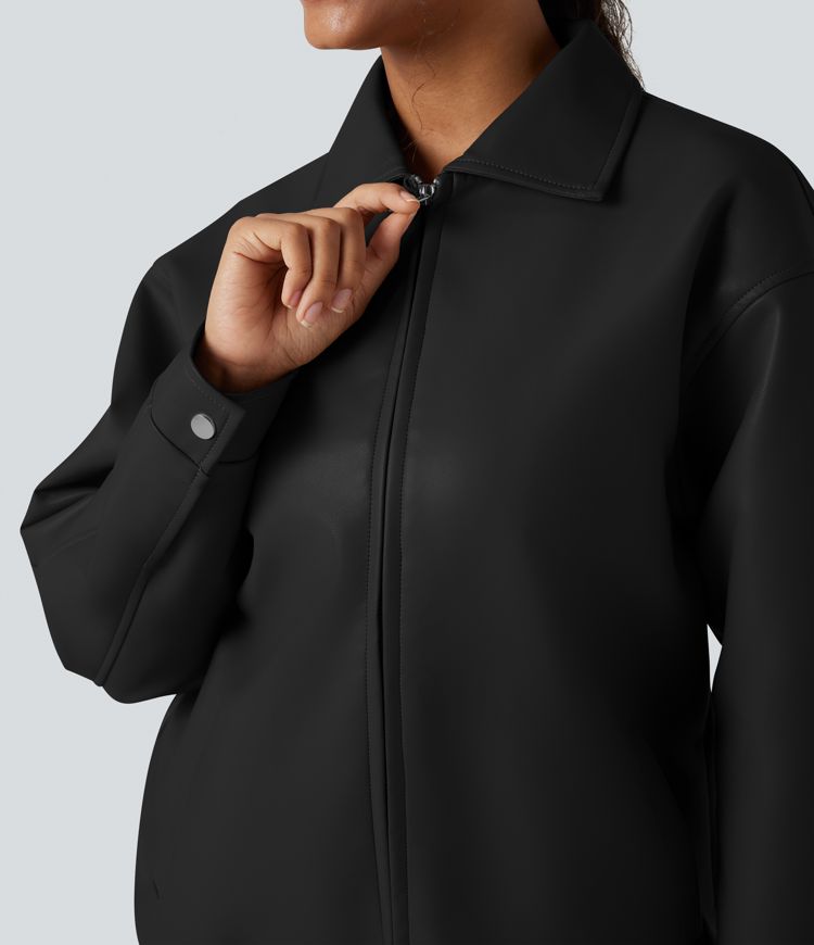 Veste tissu enduit col manches longues coupe décontractée avec poches