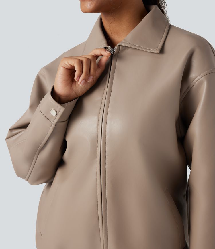 Collar Long Sleeve Relaxed Casual Faux Leather PU Jacket with Pockets