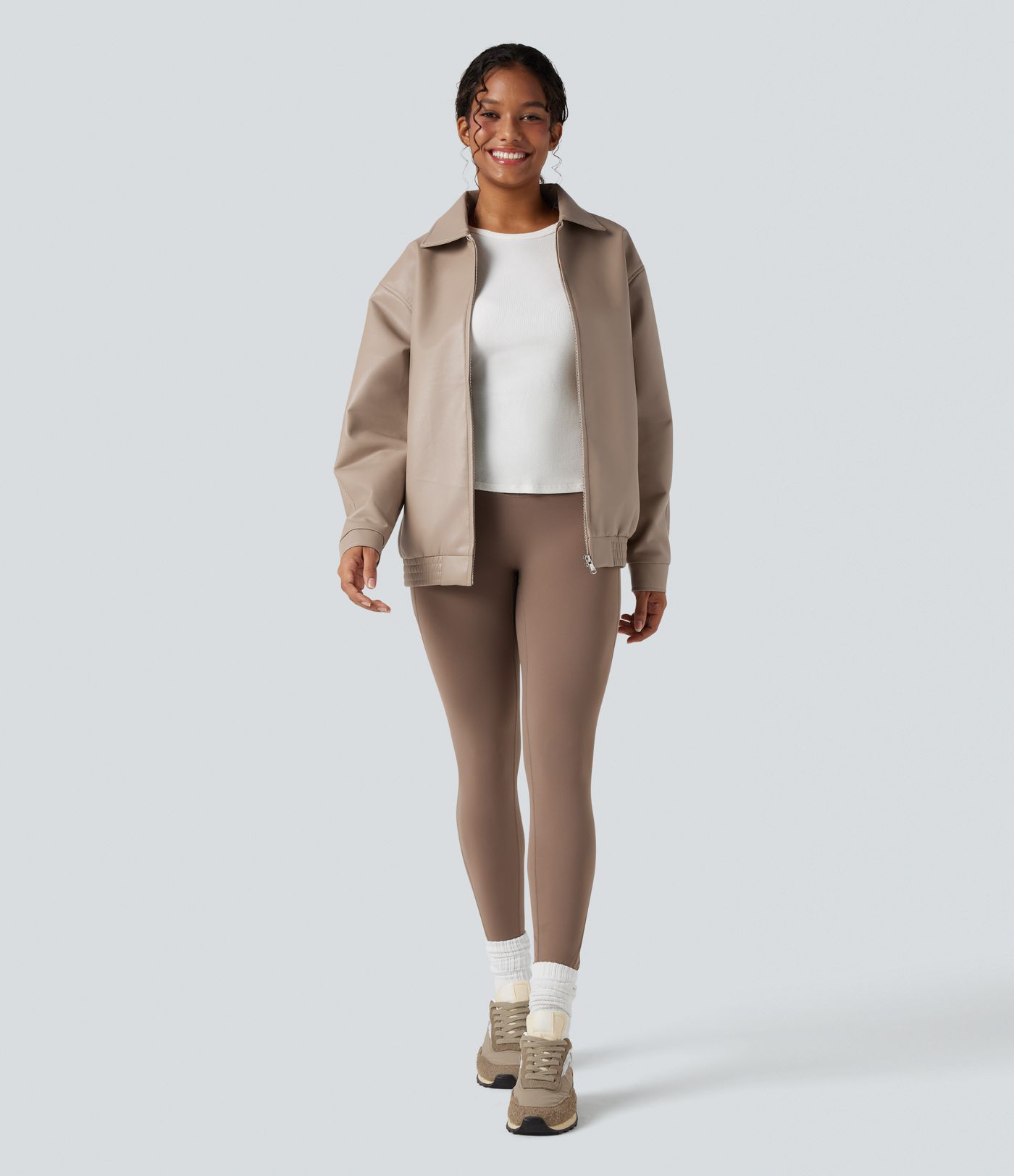 Collar Long Sleeve Relaxed Casual Faux Leather PU Jacket with Pockets