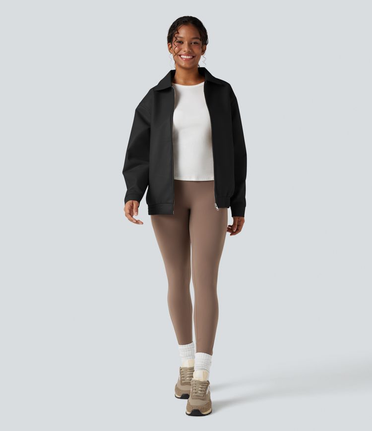 Veste tissu enduit col manches longues coupe décontractée avec poches