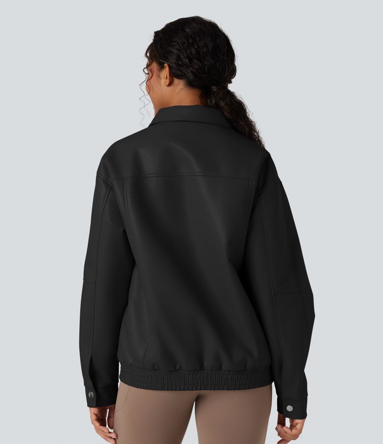 Veste tissu enduit col manches longues coupe décontractée avec poches