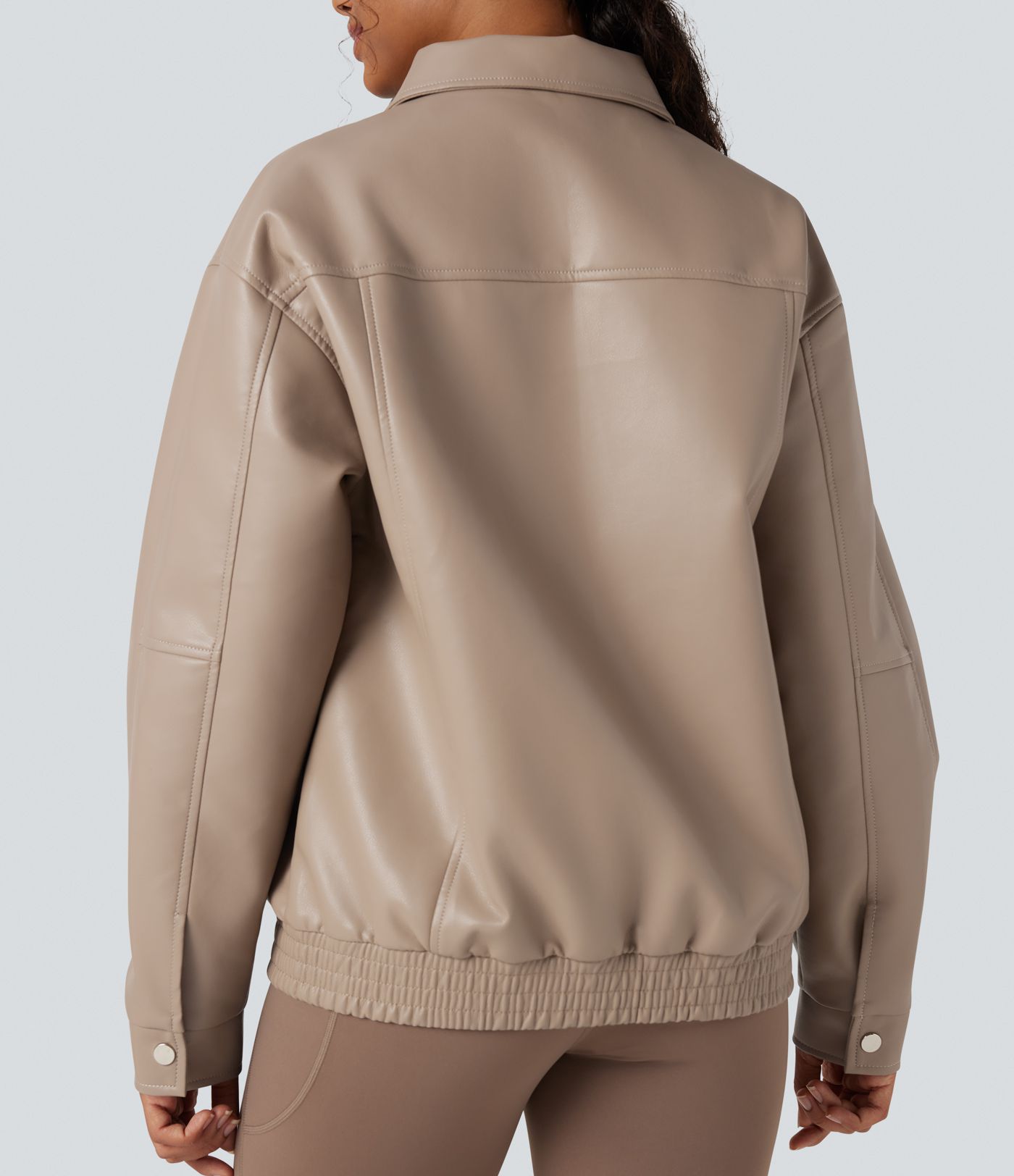 Collar Long Sleeve Relaxed Casual Faux Leather PU Jacket with Pockets