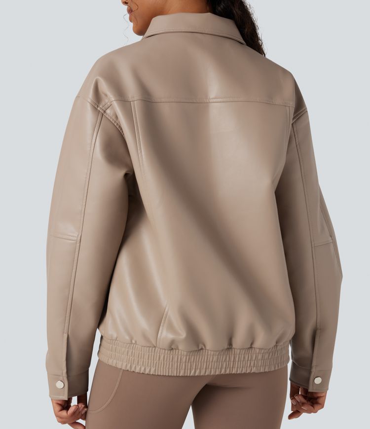 Collar Long Sleeve Relaxed Casual Faux Leather PU Jacket with Pockets