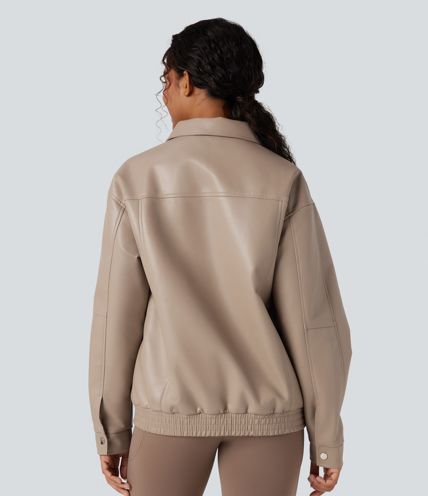 Collar Long Sleeve Relaxed Casual Faux Leather PU Jacket with Pockets