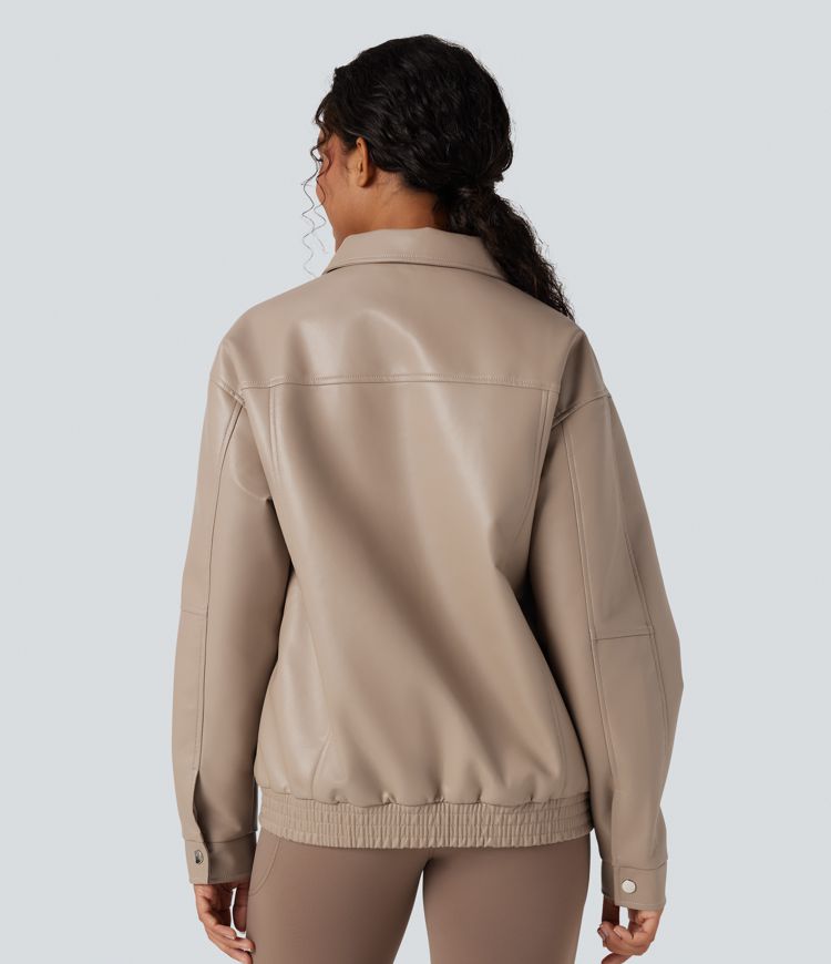 Collar Long Sleeve Relaxed Casual Faux Leather PU Jacket with Pockets