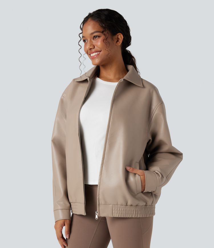 Collar Long Sleeve Relaxed Casual Faux Leather PU Jacket with Pockets