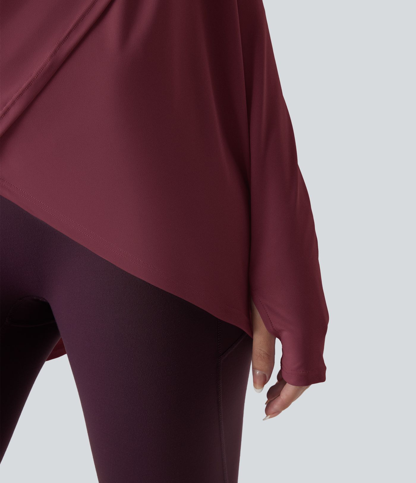 Hooded Cowl Neck Long Sleeve Thumb Hole Yoga Sports Top with Pockets