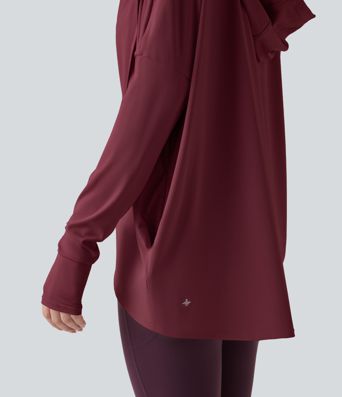 Hooded Cowl Neck Long Sleeve Thumb Hole Yoga Sports Top with Pockets