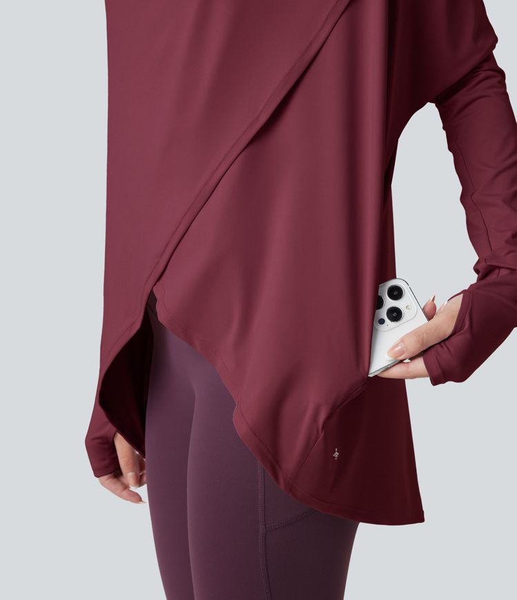 Hooded Cowl Neck Long Sleeve Thumb Hole Yoga Sports Top with Pockets