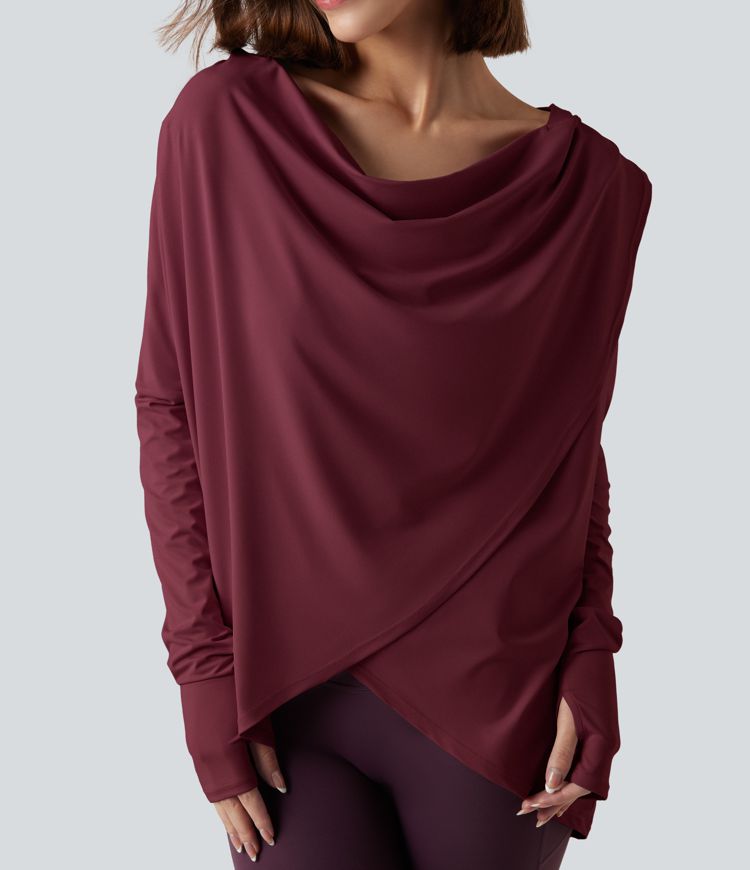 Hooded Cowl Neck Long Sleeve Thumb Hole Yoga Sports Top with Pockets