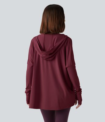 Hooded Cowl Neck Long Sleeve Thumb Hole Yoga Sports Top with Pockets