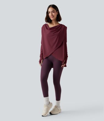 Hooded Cowl Neck Long Sleeve Thumb Hole Yoga Sports Top with Pockets