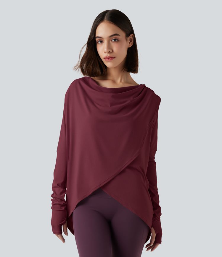 Hooded Cowl Neck Long Sleeve Thumb Hole Yoga Sports Top with Pockets