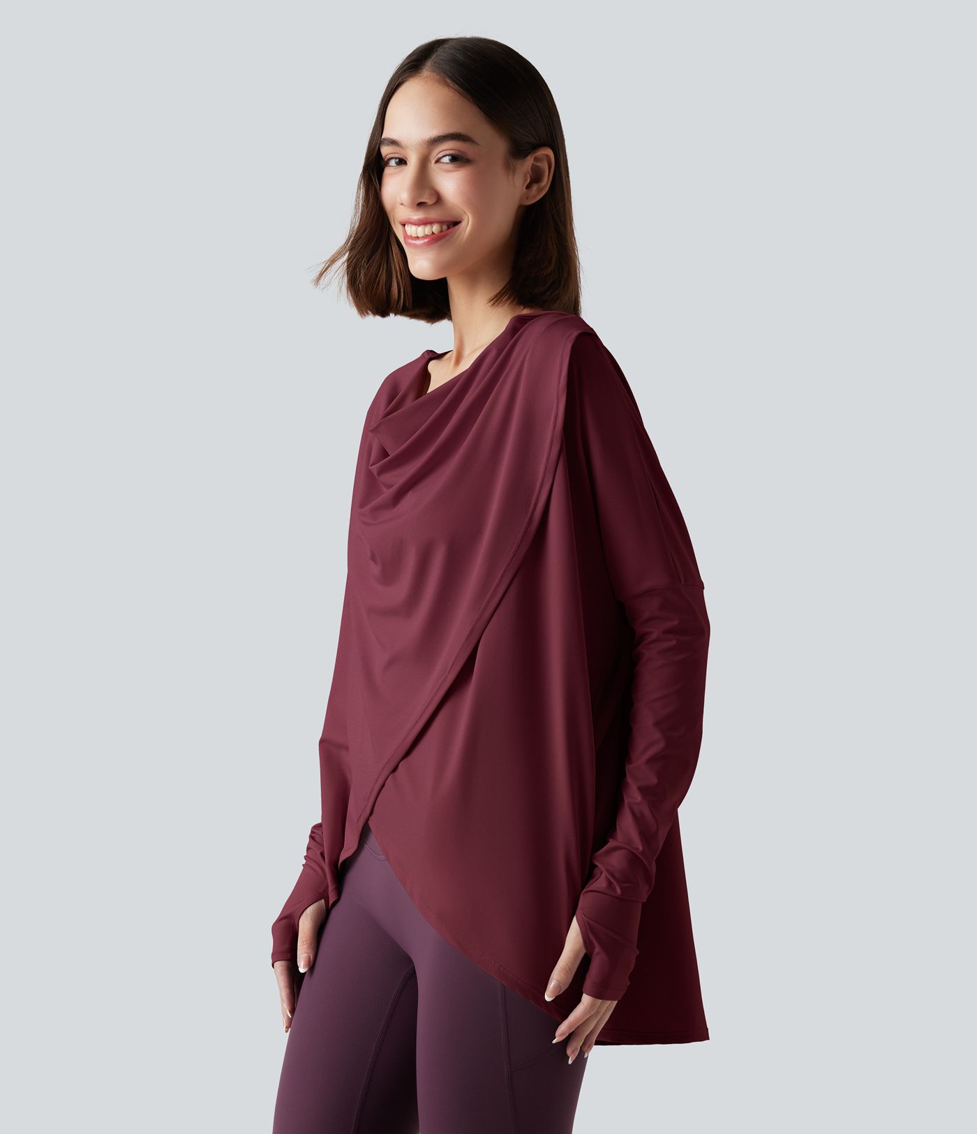 Hooded Cowl Neck Long Sleeve Thumb Hole Yoga Sports Top with Pockets