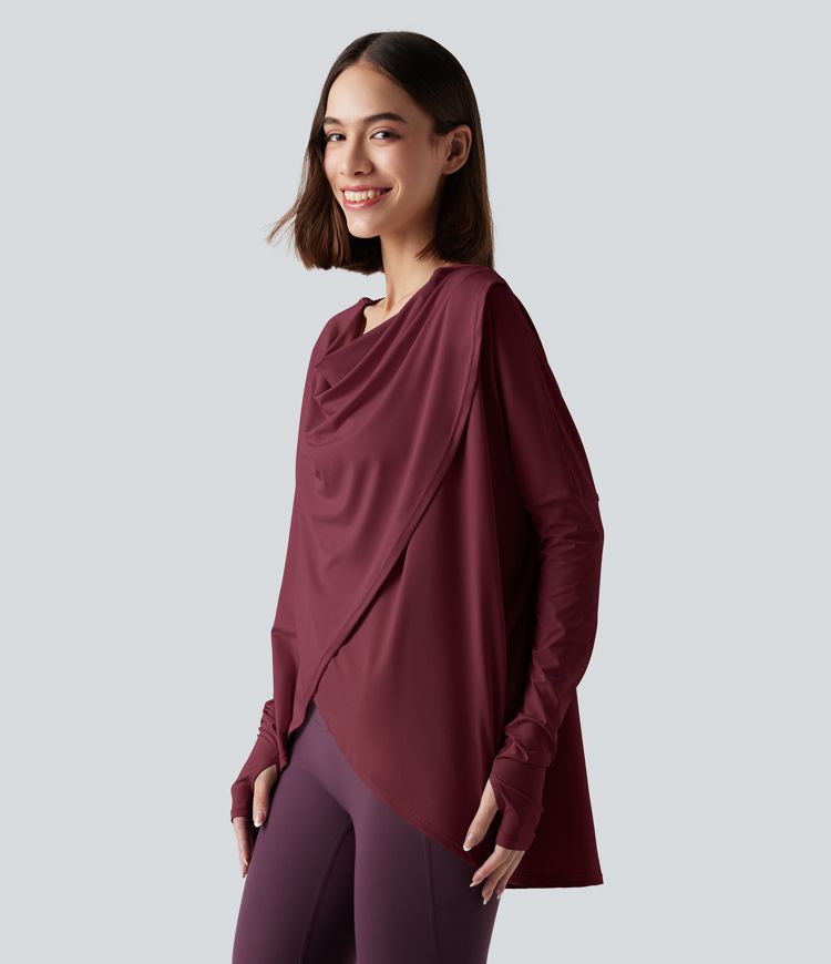 Hooded Cowl Neck Long Sleeve Thumb Hole Yoga Sports Top with Pockets
