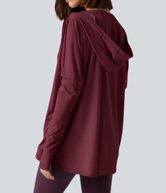 Hooded Cowl Neck Long Sleeve Thumb Hole Yoga Sports Top with Pockets