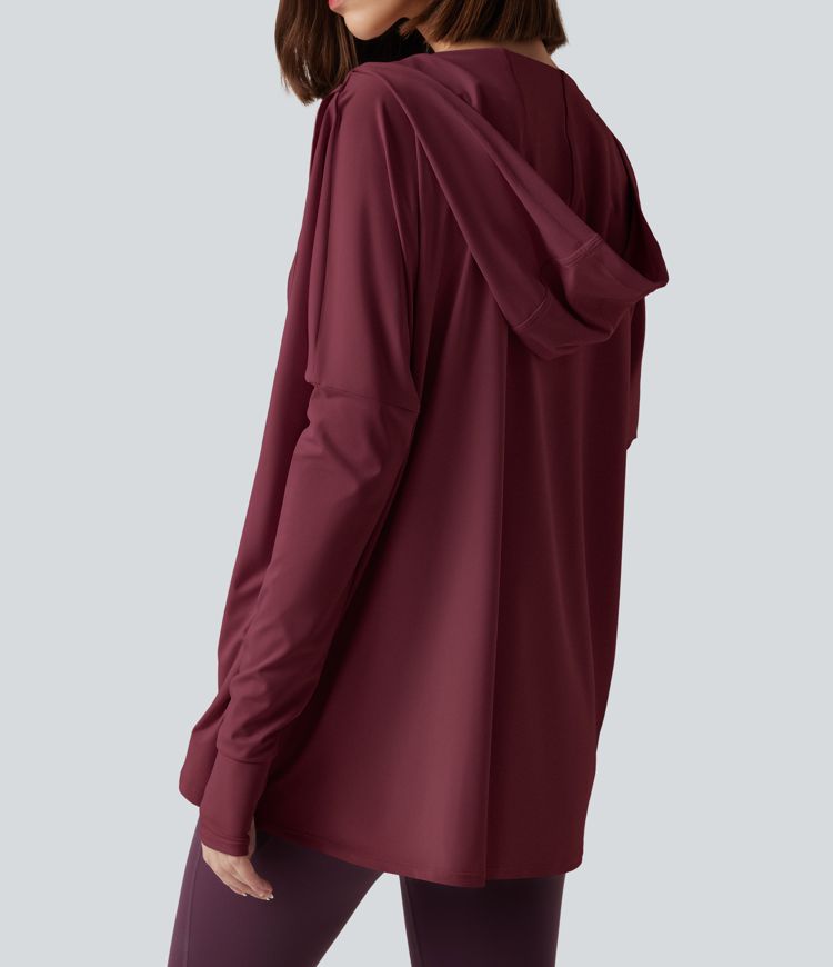 Hooded Cowl Neck Long Sleeve Thumb Hole Yoga Sports Top with Pockets