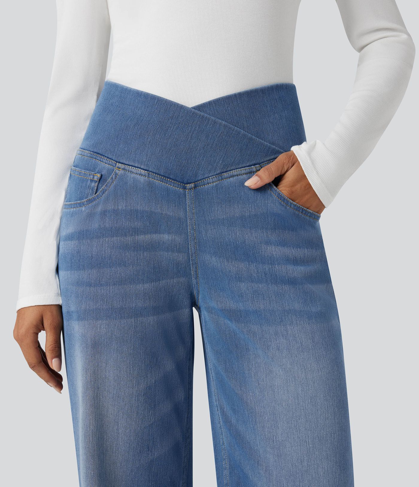 Halara Flex™ Crossover High Waisted Tummy Control Casual Straight Leg Jeans with Pockets