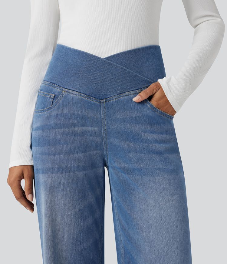 Halara Flex™ Crossover High Waisted Tummy Control Casual Straight Leg Jeans with Pockets