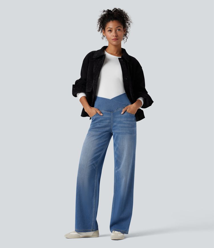 Halara Flex™ Crossover High Waisted Tummy Control Casual Straight Leg Jeans with Pockets