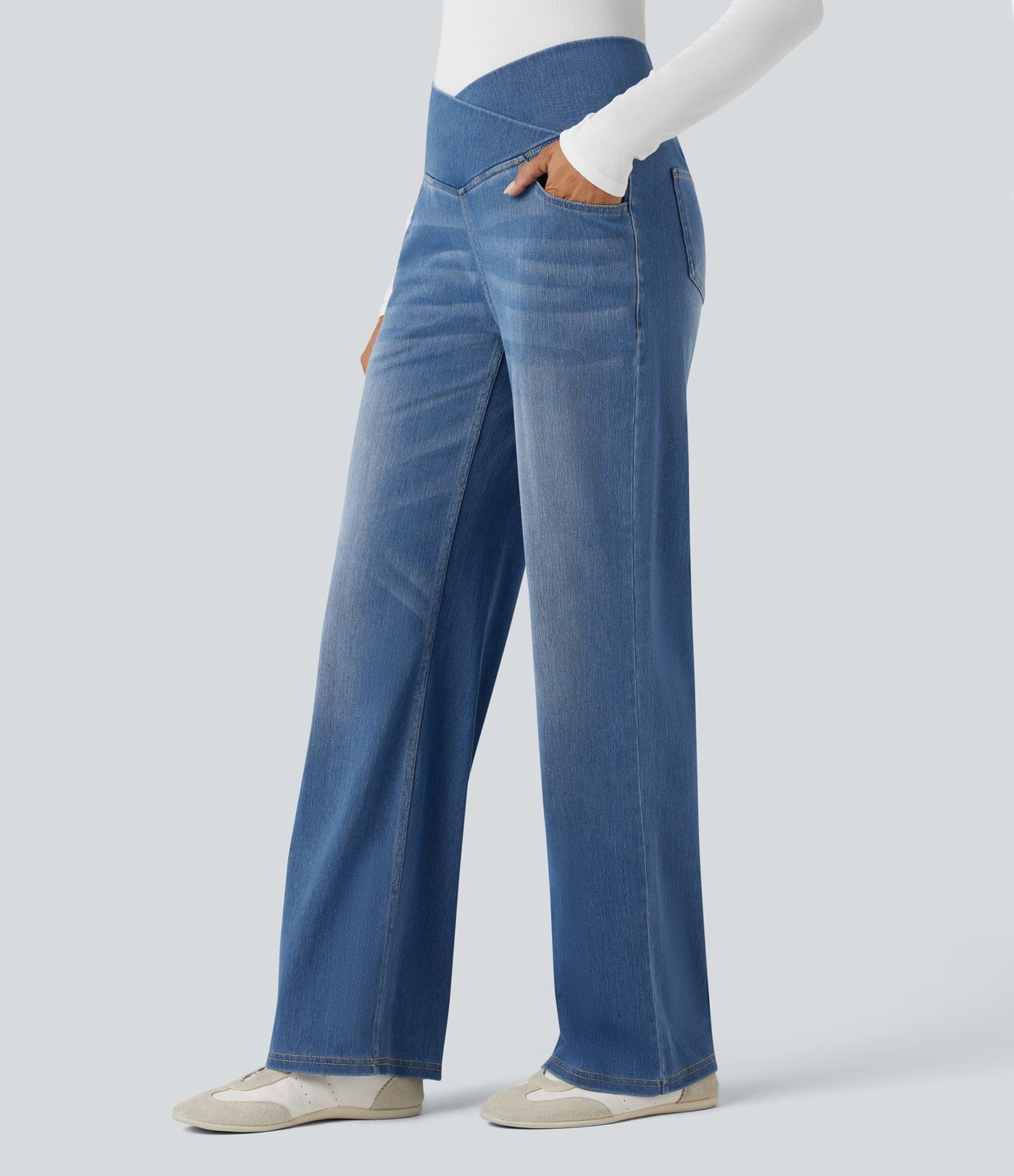 Halara Flex™ Crossover High Waisted Tummy Control Casual Straight Leg Jeans with Pockets