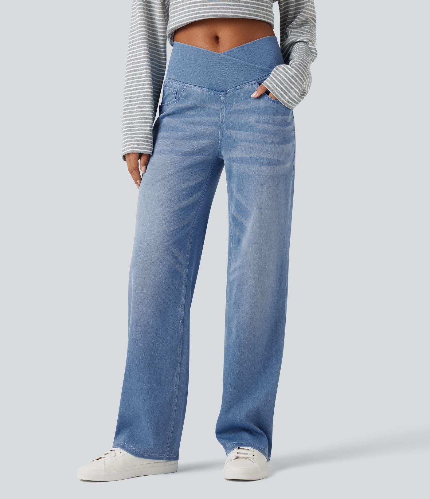 Halara Flex™ SoCinched Crossover — jean taille haute à effet gainant pour le ventre, avec poches, coupe droite et coupe décontractée