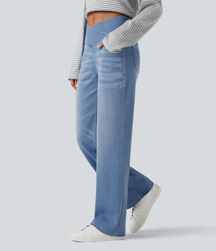 Halara Flex™ SoCinched Crossover — jean taille haute à effet gainant pour le ventre, avec poches, coupe droite et coupe décontractée