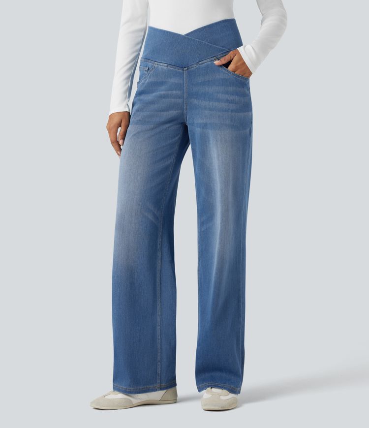 Halara Flex™ Crossover High Waisted Tummy Control Casual Straight Leg Jeans with Pockets