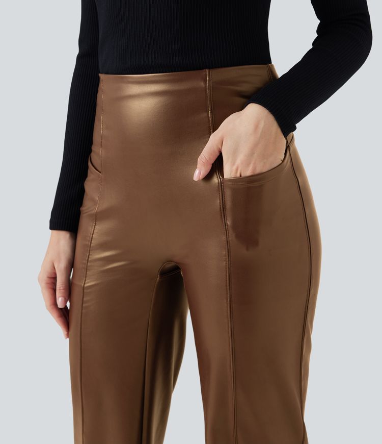 Lässige Fleece-Schlaghose aus dehnbarem Kunstleder mit hohem Bund, Seitentaschen und Bauchkontrolle