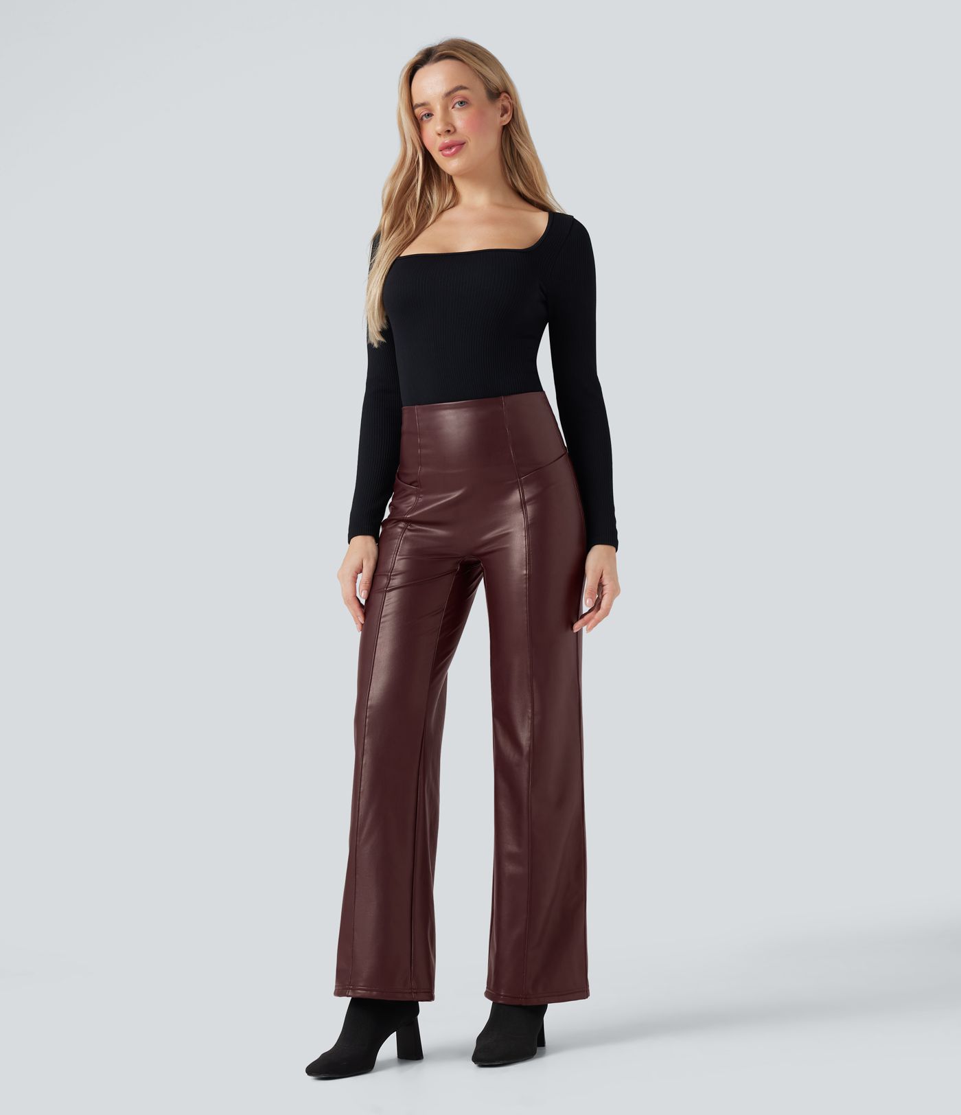 Pantalones flare casual de alto alto con control de abdomen, elásticos, con forro de felpa PU y bolsillos