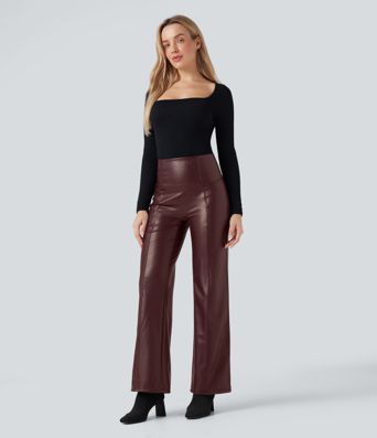 Pantalones flare casual de alto alto con control de abdomen, elásticos, con forro de felpa PU y bolsillos