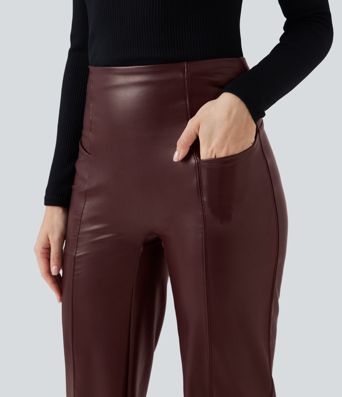 Pantalones flare casual de alto alto con control de abdomen, elásticos, con forro de felpa PU y bolsillos